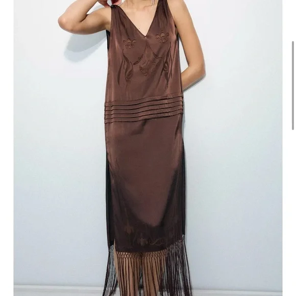 Zara Brown Maxi Dress with Fringe - Picture 1 of 6